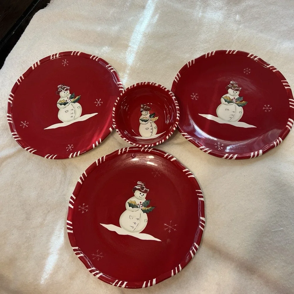 3 Tracy Porter Jolly Ol' Snowy Christmas Snowman Dinner‎ Plates & 1 Soup Bowl